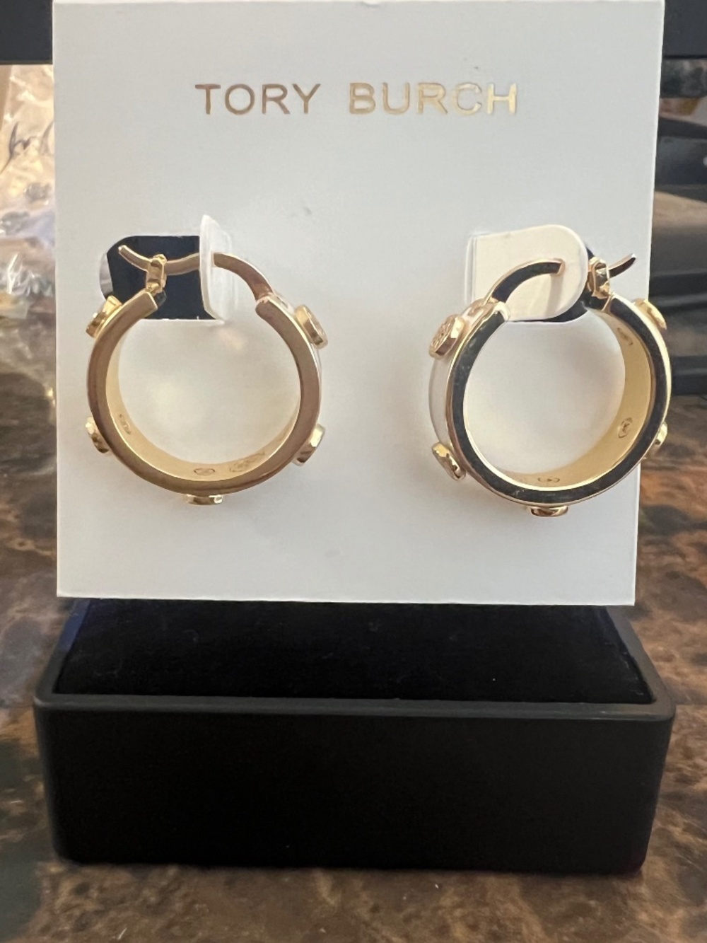 NWT Tory Burch Gold and White Small Hoop Earrings - Picture 4 of 7